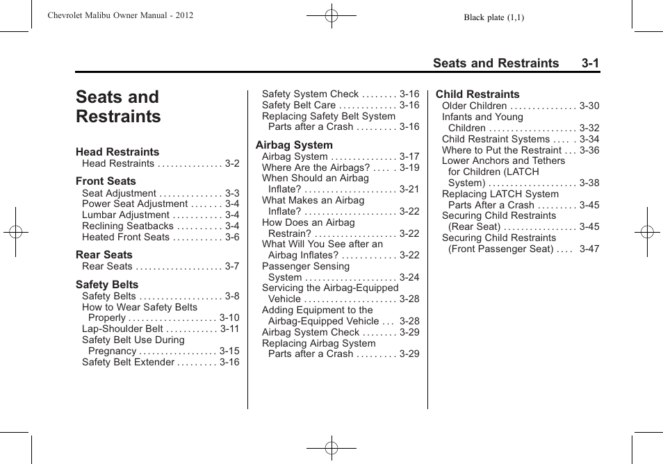 Seats and restraints, Seats and restraints -1, Seats and restraints 3-1 | CHEVROLET 2012 Malibu User Manual | Page 47 / 376