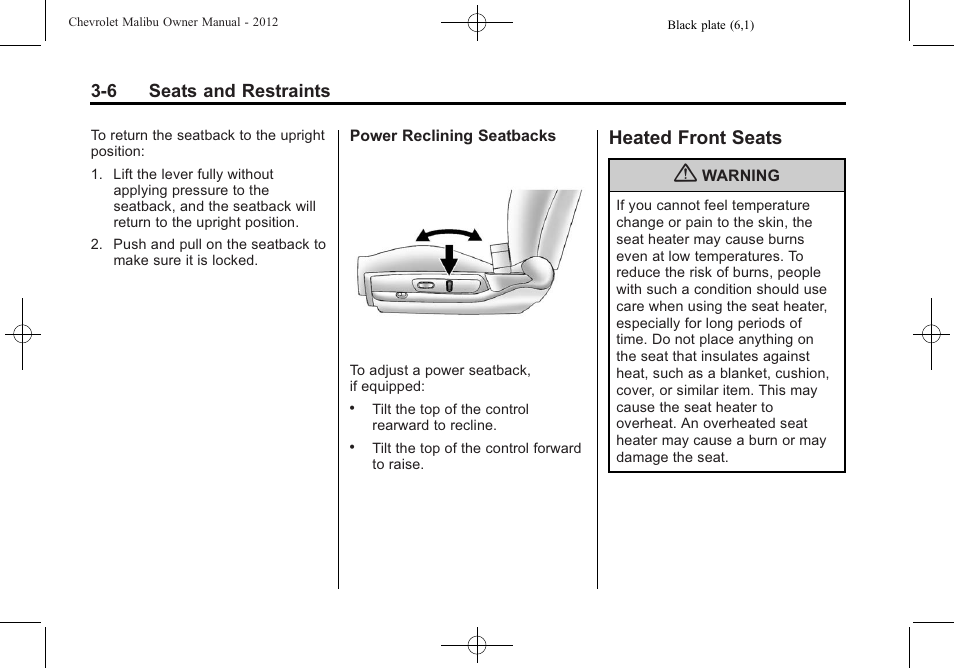 Heated front seats, Heated front seats -6 | CHEVROLET 2012 Malibu User Manual | Page 52 / 376