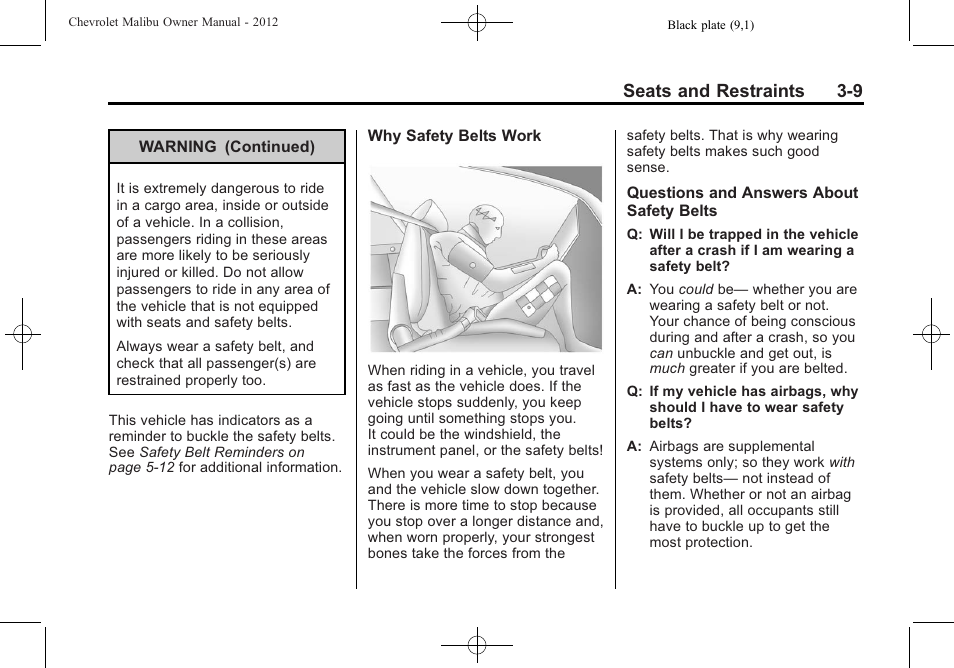 Seats and restraints 3-9 | CHEVROLET 2012 Malibu User Manual | Page 55 / 376