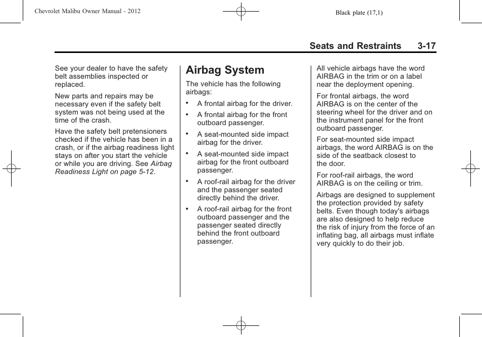 Airbag system, Airbag system -17, Seats and restraints 3-17 | CHEVROLET 2012 Malibu User Manual | Page 63 / 376