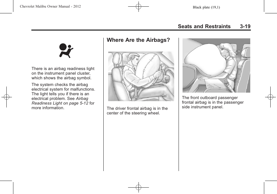 Where are the airbags, Where are the airbags? -19 | CHEVROLET 2012 Malibu User Manual | Page 65 / 376