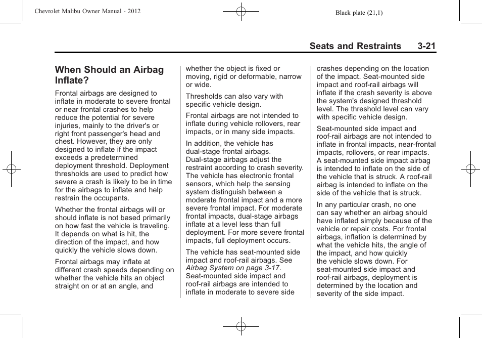 When should an airbag inflate, When should an airbag, Inflate? -21 | CHEVROLET 2012 Malibu User Manual | Page 67 / 376