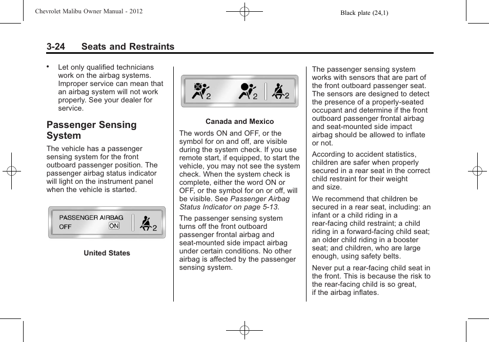 Passenger sensing system, Sensing, System -24 | 24 seats and restraints | CHEVROLET 2012 Malibu User Manual | Page 70 / 376