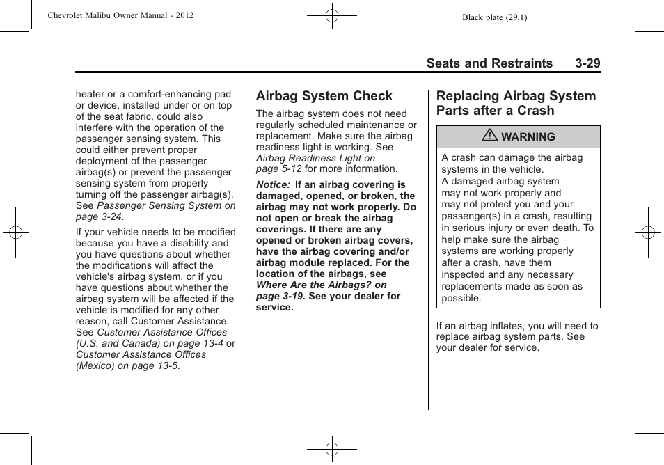 Airbag system check, Replacing airbag system parts after a crash, System check -29 replacing airbag system | Parts after a crash -29 | CHEVROLET 2012 Malibu User Manual | Page 75 / 376