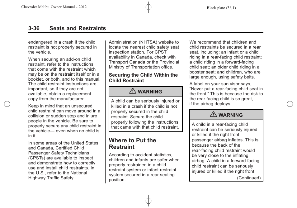 Where to put the restraint, Where to put the restraint -36 | CHEVROLET 2012 Malibu User Manual | Page 82 / 376