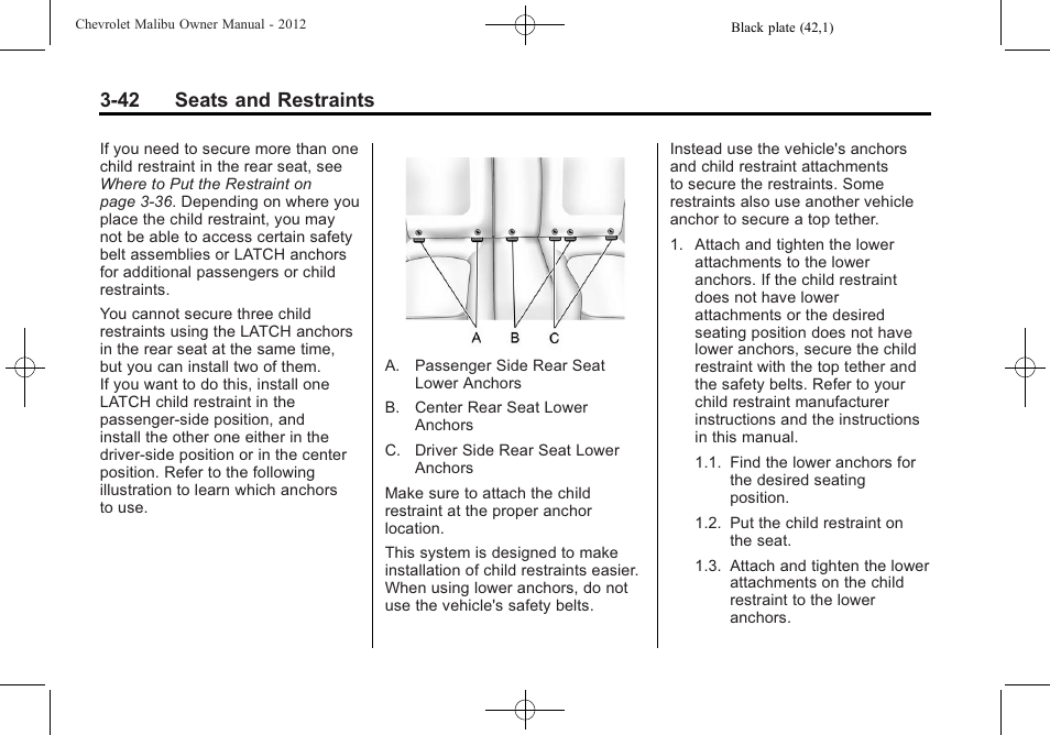 42 seats and restraints | CHEVROLET 2012 Malibu User Manual | Page 88 / 376