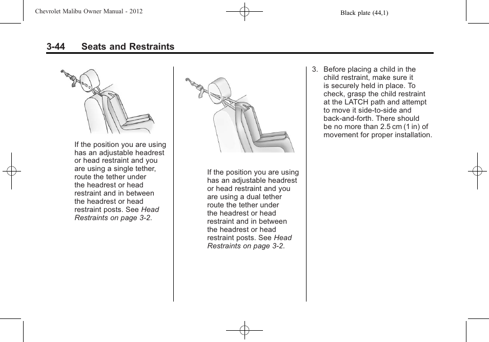 44 seats and restraints | CHEVROLET 2012 Malibu User Manual | Page 90 / 376