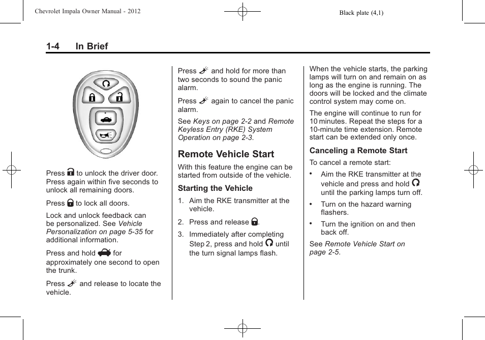 Remote vehicle start, Remote vehicle start -4, Portable | CHEVROLET 2012 Impala User Manual | Page 10 / 360