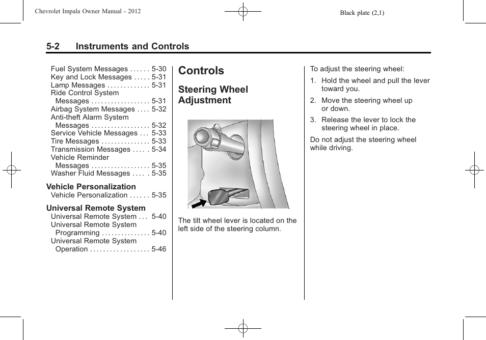 Controls, Steering wheel adjustment, Driving and operating | Steering wheel adjustment -2 | CHEVROLET 2012 Impala User Manual | Page 100 / 360