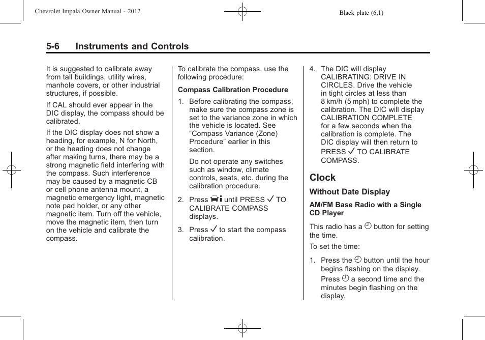 Clock, Clock -6, Antilock | CHEVROLET 2012 Impala User Manual | Page 104 / 360