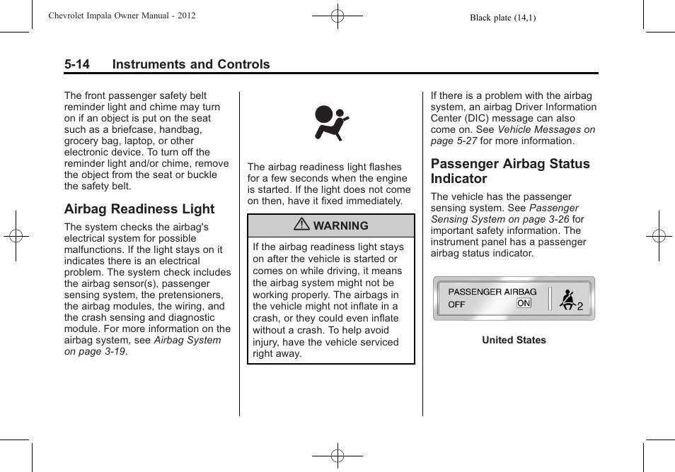 Airbag readiness light, Passenger airbag status indicator, Passenger airbag status | Airbag readiness light -14 passenger airbag status, Indicator -14 | CHEVROLET 2012 Impala User Manual | Page 112 / 360