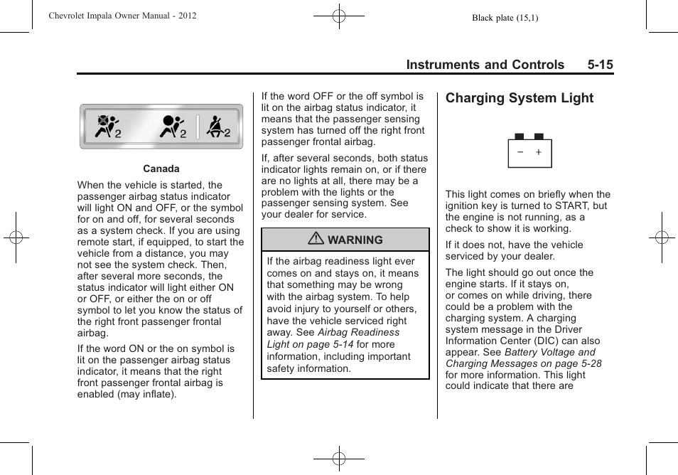 Charging system light, Charging system light -15 | CHEVROLET 2012 Impala User Manual | Page 113 / 360