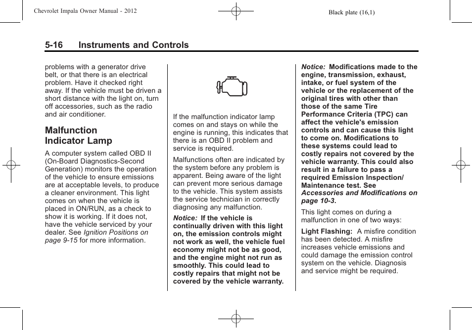 Malfunction indicator lamp, Malfunction, Indicator lamp -16 | CHEVROLET 2012 Impala User Manual | Page 114 / 360