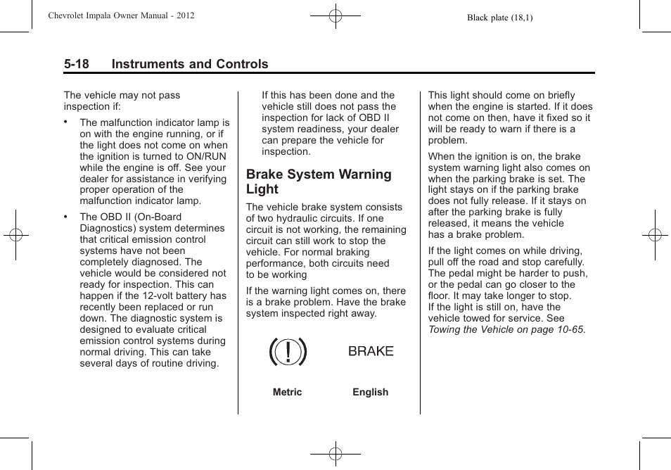 Brake system warning light, Brake system warning, Light -18 | 18 instruments and controls | CHEVROLET 2012 Impala User Manual | Page 116 / 360