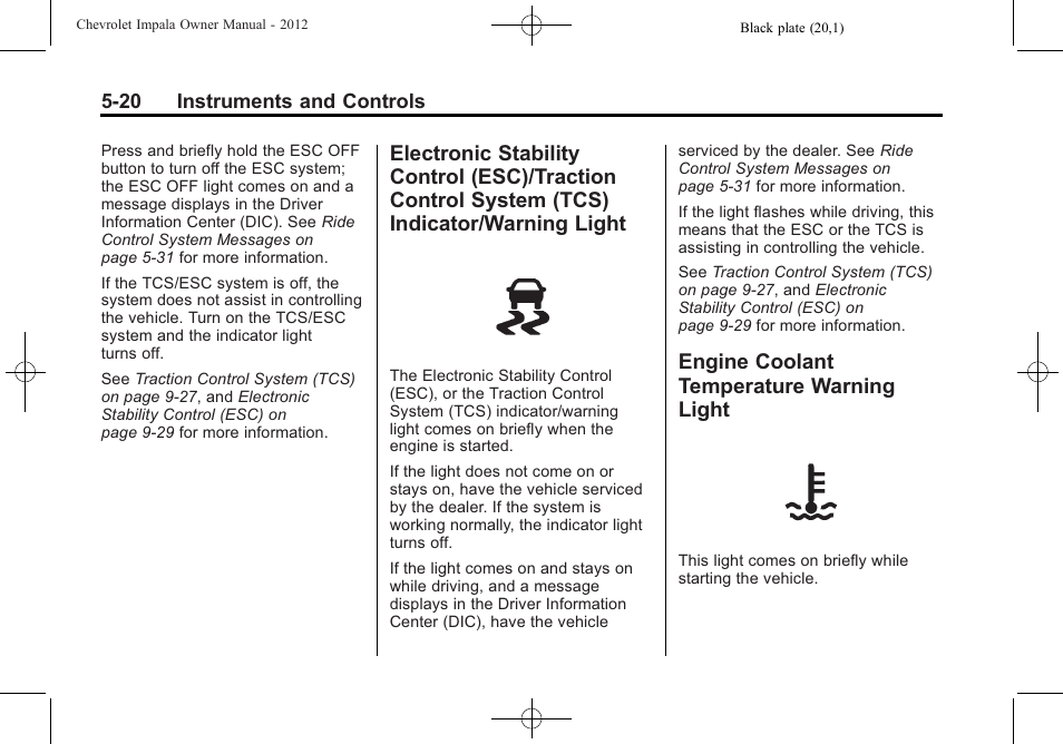 Engine coolant temperature warning light, Electronic stability control, Engine coolant temperature | Warning light -20 | CHEVROLET 2012 Impala User Manual | Page 118 / 360
