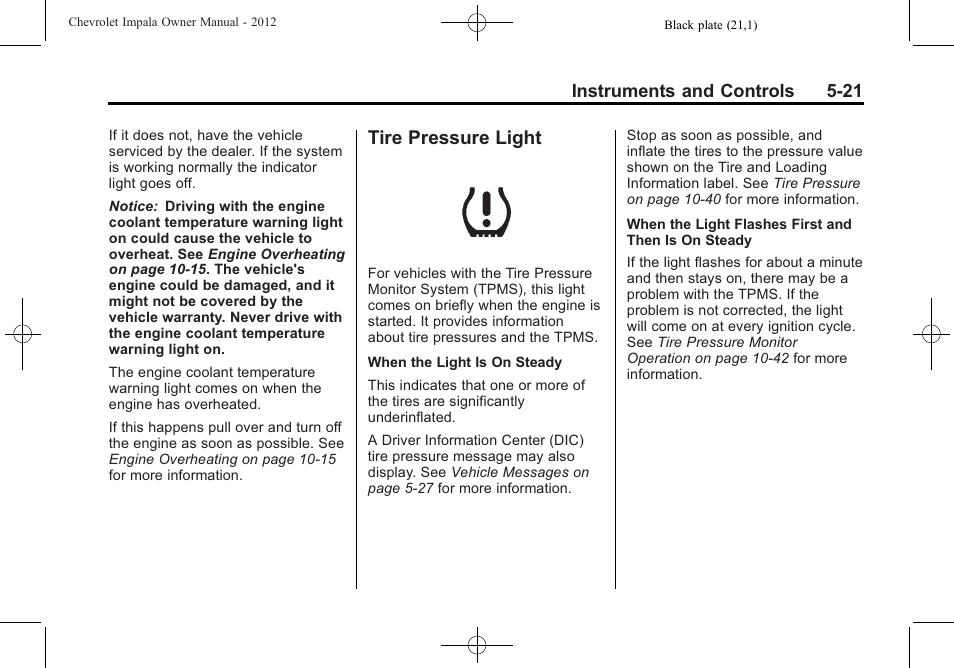 Tire pressure light, Tire pressure light -21 | CHEVROLET 2012 Impala User Manual | Page 119 / 360