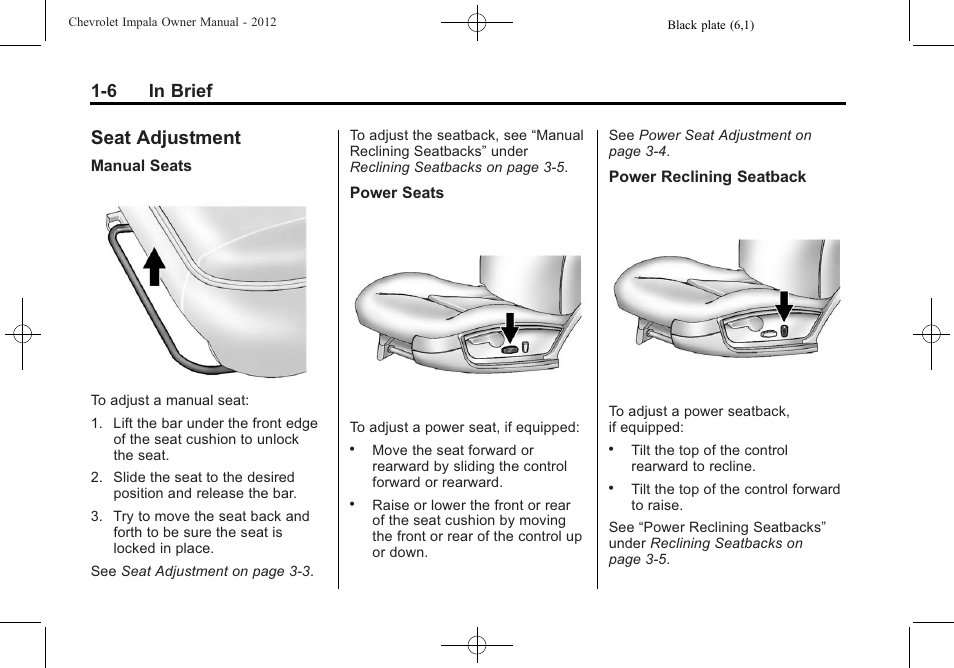 Seat adjustment, Seat adjustment -6, 6 in brief | CHEVROLET 2012 Impala User Manual | Page 12 / 360
