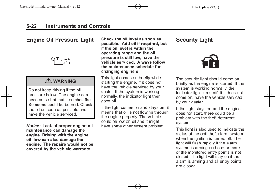 Engine oil pressure light, Security light, Engine oil pressure light -22 security light -22 | CHEVROLET 2012 Impala User Manual | Page 120 / 360