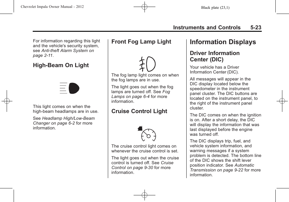 High-beam on light, Front fog lamp light, Cruise control light | Information displays, Driver information center (dic), Information displays -23, Engine, Driver information, Center (dic) -23 | CHEVROLET 2012 Impala User Manual | Page 121 / 360