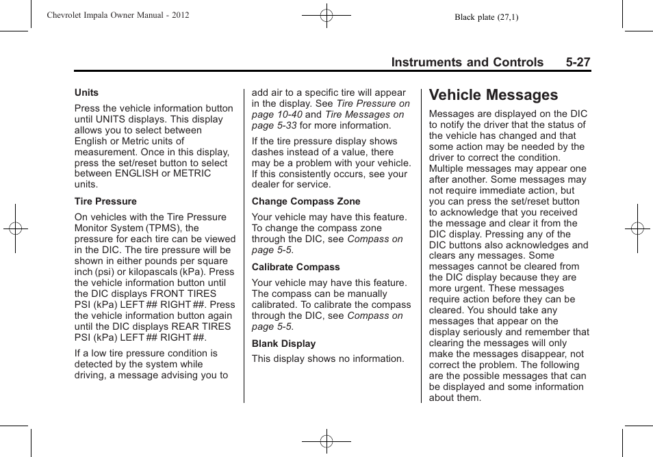 Vehicle messages, Automatic transmission -22, Vehicle messages -27 | CHEVROLET 2012 Impala User Manual | Page 125 / 360