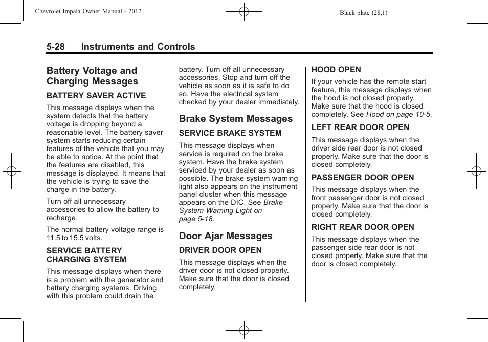 Battery voltage and charging messages, Brake system messages, Door ajar messages | Battery voltage and charging, Messages -28, Brake system messages -28 door ajar messages -28 | CHEVROLET 2012 Impala User Manual | Page 126 / 360
