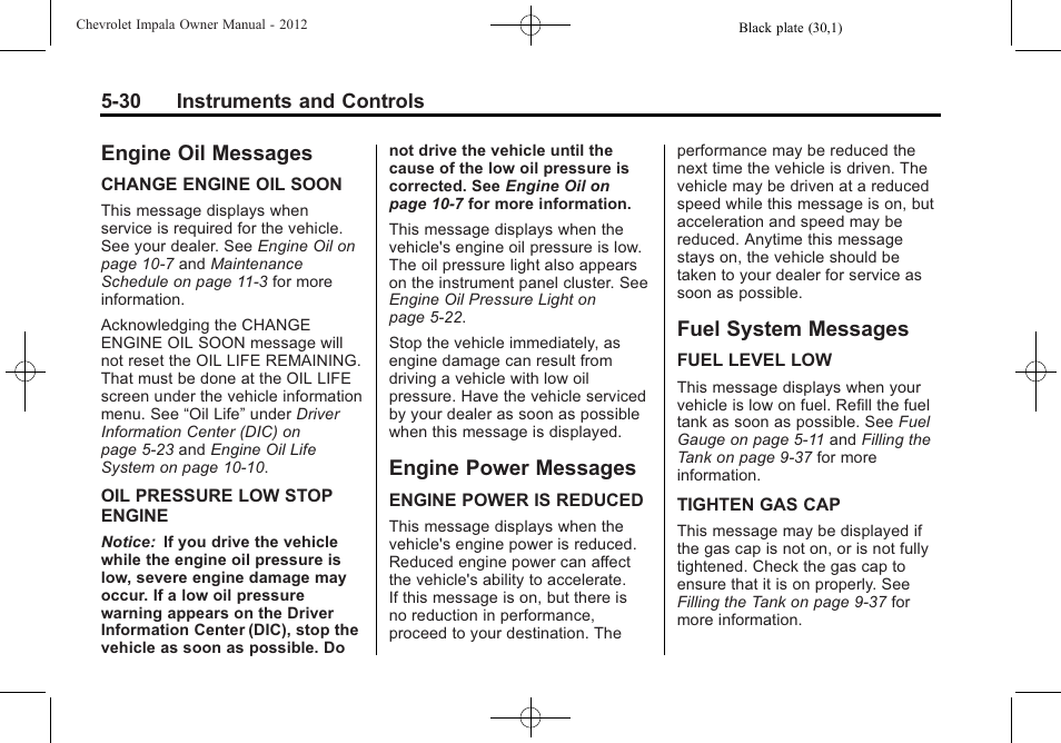 Engine oil messages, Engine power messages, Fuel system messages | Engine oil messages -30 engine power messages -30, Fuel system messages -30, Controls | CHEVROLET 2012 Impala User Manual | Page 128 / 360