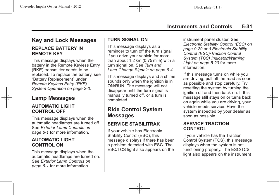 Key and lock messages, Lamp messages, Ride control system messages | Messages -31, Adjustment | CHEVROLET 2012 Impala User Manual | Page 129 / 360