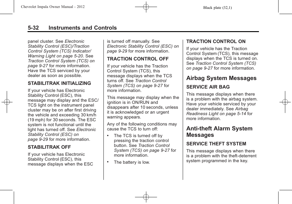 Airbag system messages, Anti-theft alarm system messages, Airbag system messages -32 anti-theft alarm system | Messages -32, 32 instruments and controls | CHEVROLET 2012 Impala User Manual | Page 130 / 360
