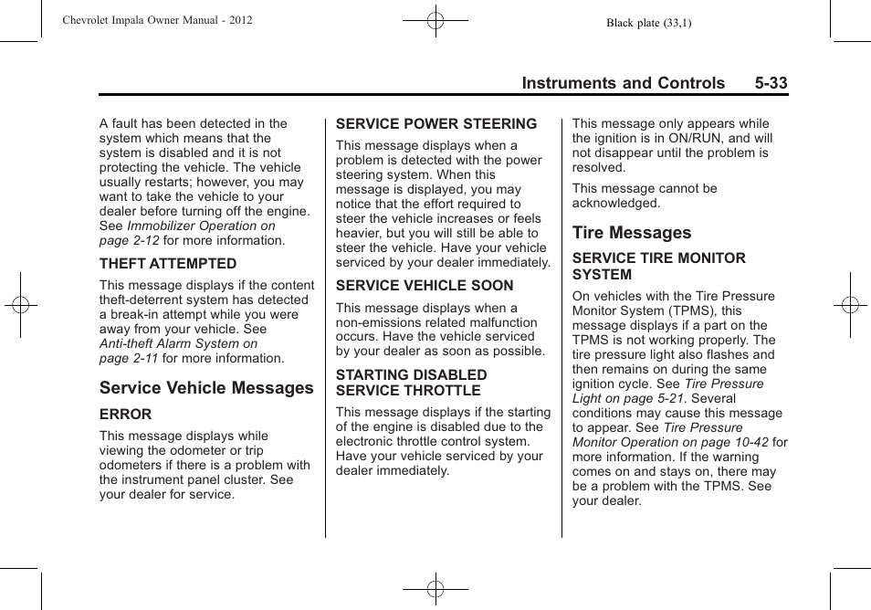 Service vehicle messages, Tire messages, Service vehicle messages -33 tire messages -33 | CHEVROLET 2012 Impala User Manual | Page 131 / 360