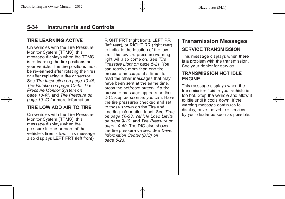 Transmission messages, Transmission messages -34 | CHEVROLET 2012 Impala User Manual | Page 132 / 360