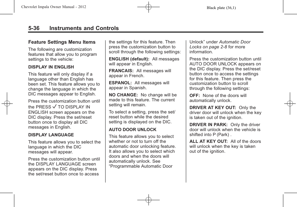 36 instruments and controls | CHEVROLET 2012 Impala User Manual | Page 134 / 360