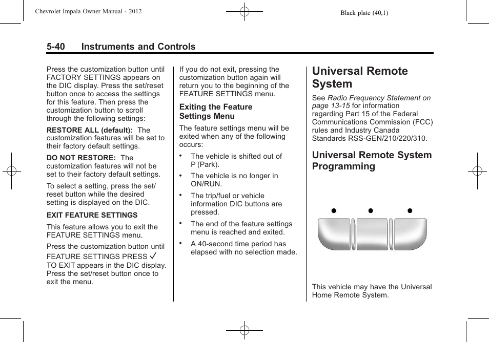 Universal remote system, Universal remote system programming, System -40 | Ride control, Programming -40, 40 instruments and controls | CHEVROLET 2012 Impala User Manual | Page 138 / 360