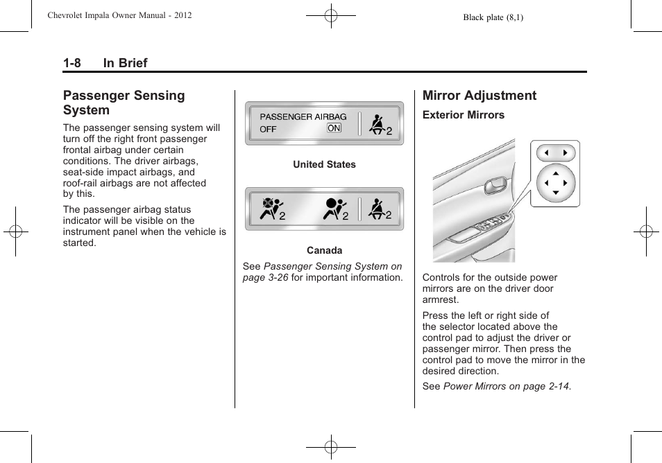 Passenger sensing system, Mirror adjustment, Passenger sensing system -8 mirror adjustment -8 | CHEVROLET 2012 Impala User Manual | Page 14 / 360