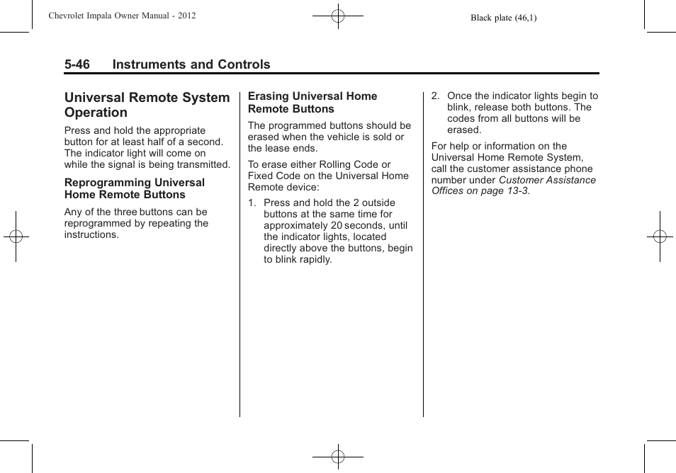 Universal remote system operation, Universal remote system, Operation -46 | CHEVROLET 2012 Impala User Manual | Page 144 / 360