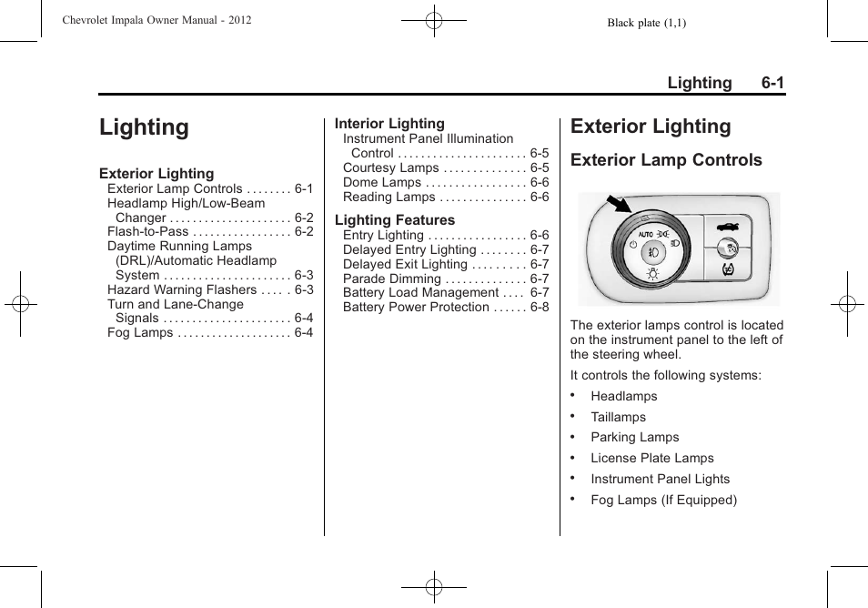 Lighting, Exterior lighting, Exterior lamp controls | Lighting -1, Exterior lighting -1, Towing, Lighting 6-1 | CHEVROLET 2012 Impala User Manual | Page 145 / 360