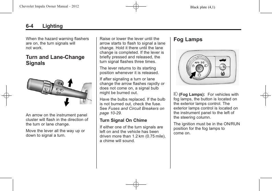 Turn and lane-change signals, Fog lamps, Turn and lane-change | Signals -4, Fog lamps -4 | CHEVROLET 2012 Impala User Manual | Page 148 / 360