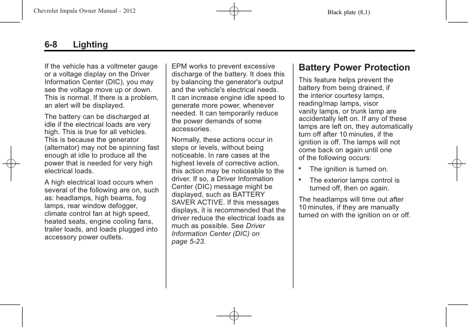 Battery power protection, Battery power protection -8, 8 lighting | CHEVROLET 2012 Impala User Manual | Page 152 / 360