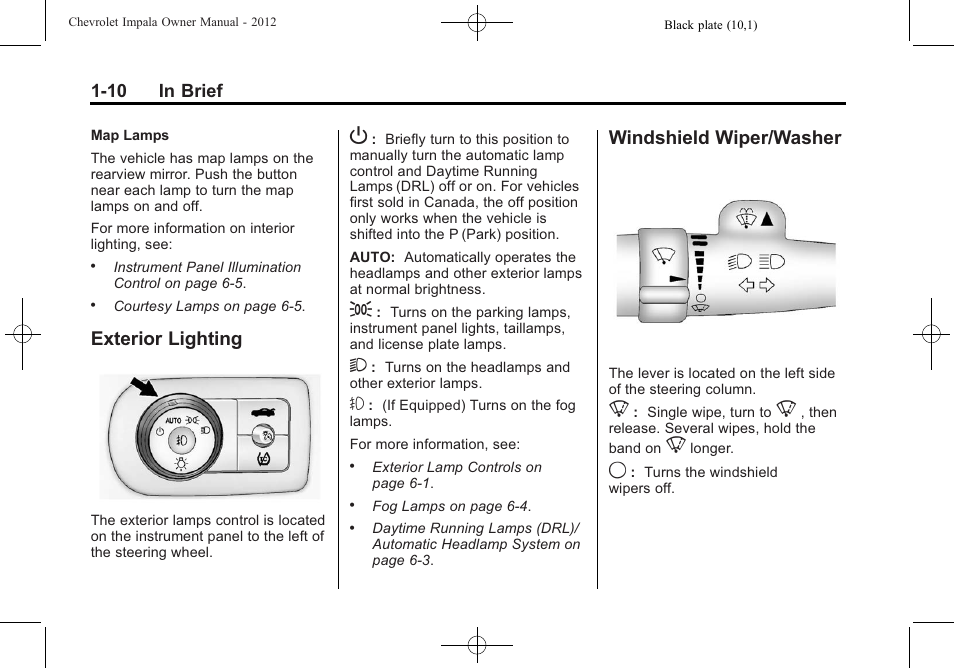 Exterior lighting, Windshield wiper/washer, Exterior lighting -10 windshield wiper/washer -10 | CHEVROLET 2012 Impala User Manual | Page 16 / 360