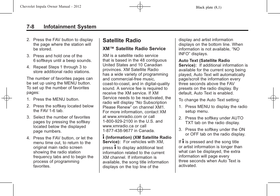 Satellite radio, Satellite radio -8 | CHEVROLET 2012 Impala User Manual | Page 160 / 360