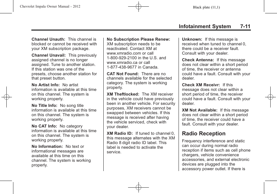 Radio reception, Radio reception -11, Infotainment system 7-11 | CHEVROLET 2012 Impala User Manual | Page 163 / 360