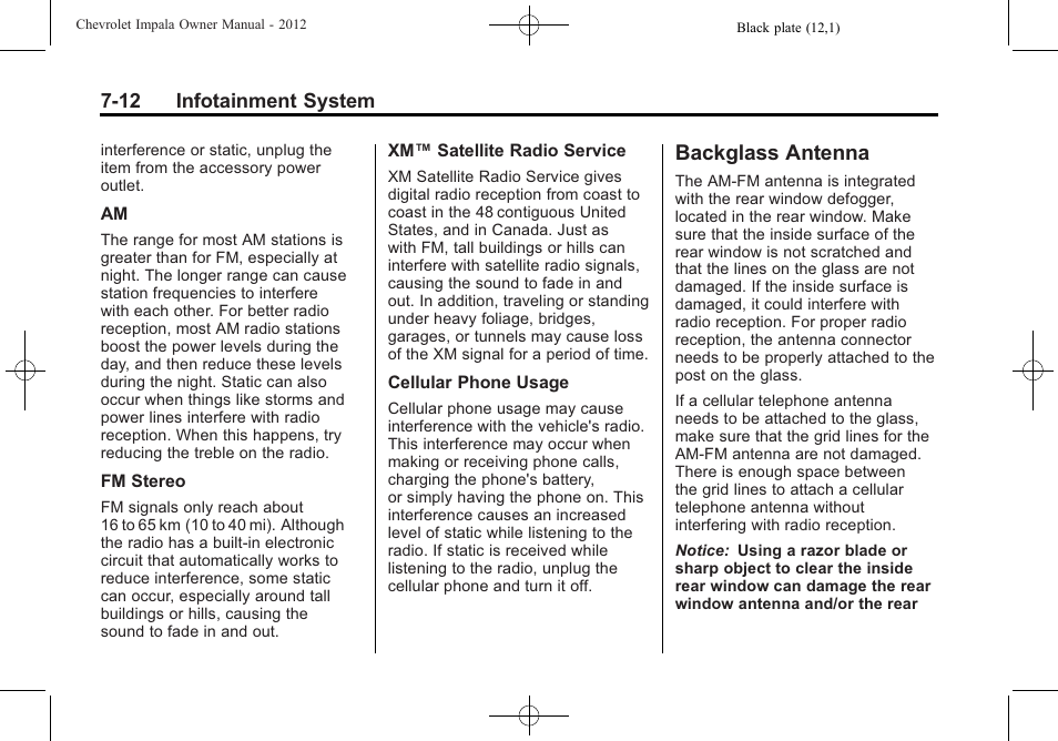 Backglass antenna, Backglass antenna -12 | CHEVROLET 2012 Impala User Manual | Page 164 / 360