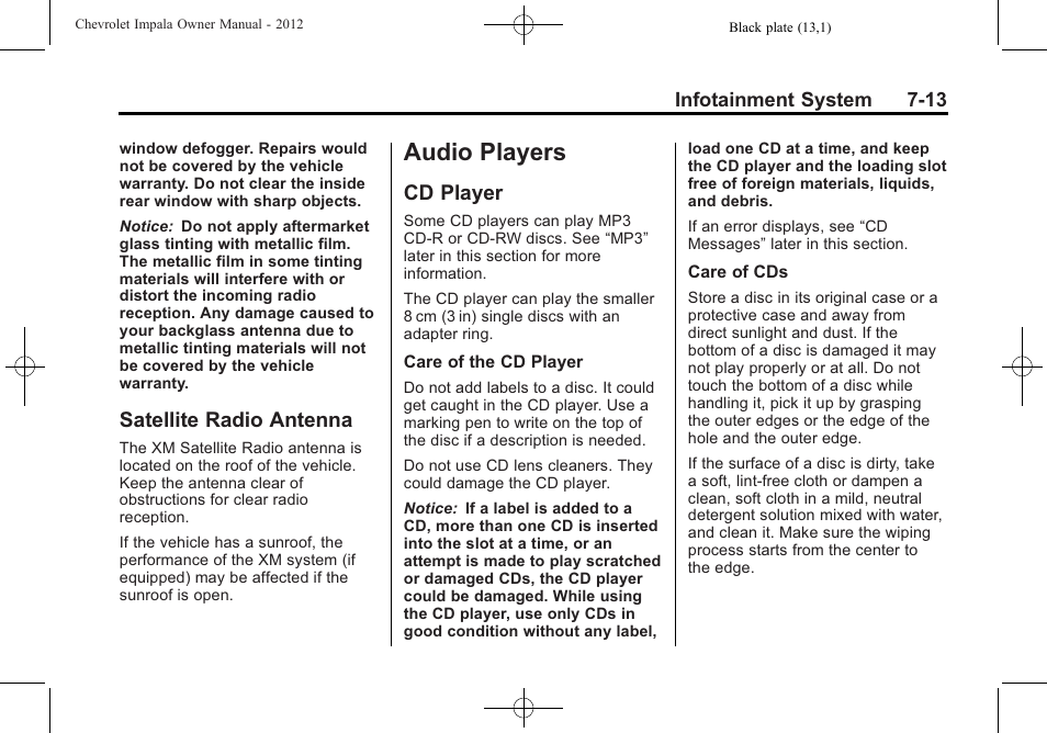 Satellite radio antenna, Audio players, Cd player | Audio players -13, Satellite radio antenna -13, Cd player -13 | CHEVROLET 2012 Impala User Manual | Page 165 / 360