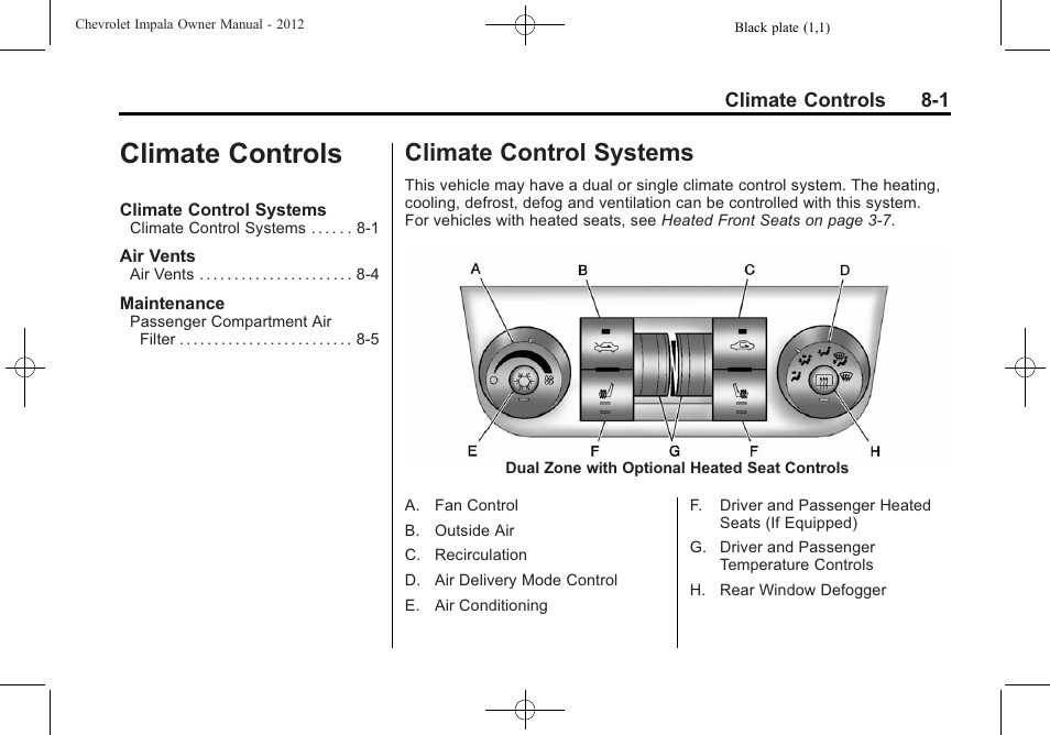 Climate controls, Climate control systems, Climate controls -1 | Systems -1, Climate control systems on | CHEVROLET 2012 Impala User Manual | Page 179 / 360