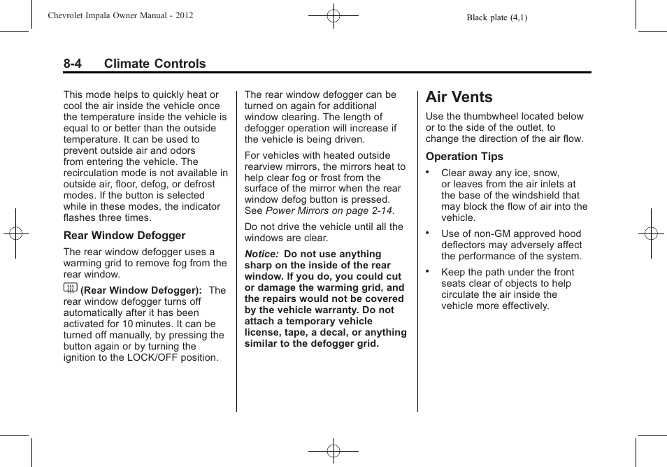 Air vents, Air vents -4, 4 climate controls | CHEVROLET 2012 Impala User Manual | Page 182 / 360