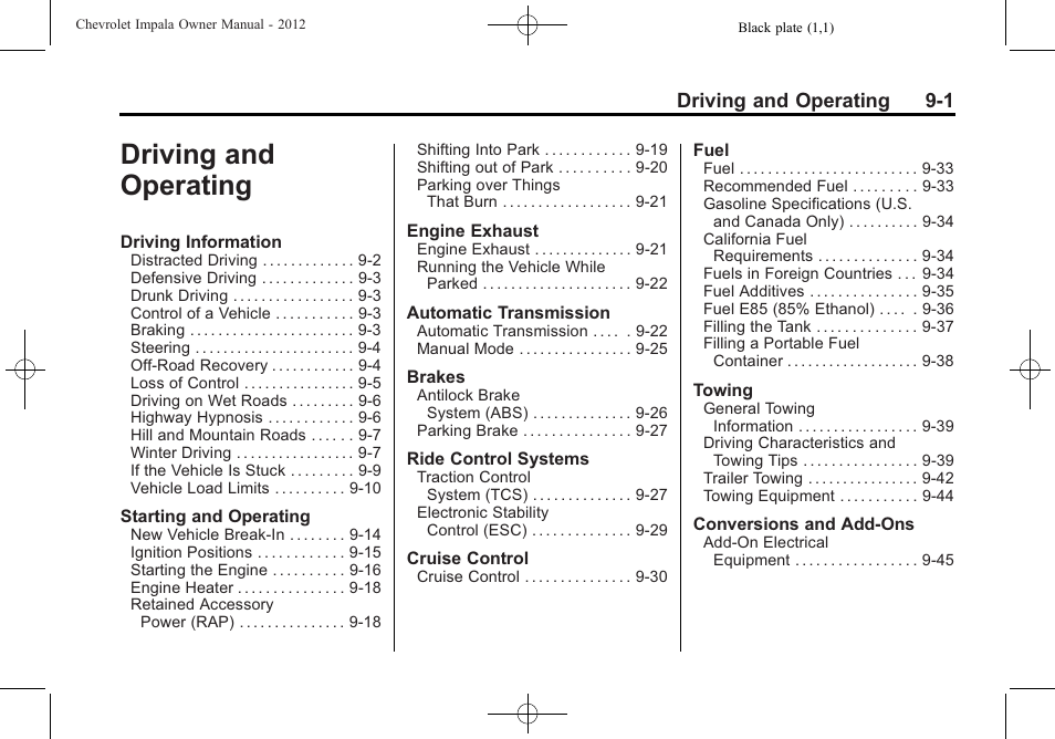 Driving and operating | CHEVROLET 2012 Impala User Manual | Page 185 / 360