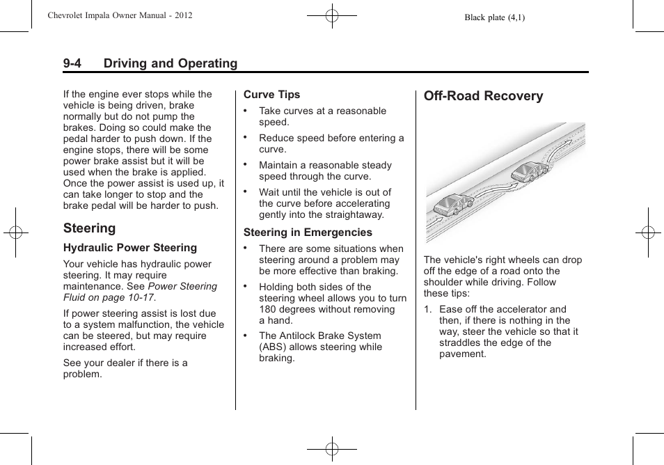 Steering, Off-road recovery, Steering -4 off-road recovery -4 | Manual, 4 driving and operating | CHEVROLET 2012 Impala User Manual | Page 188 / 360