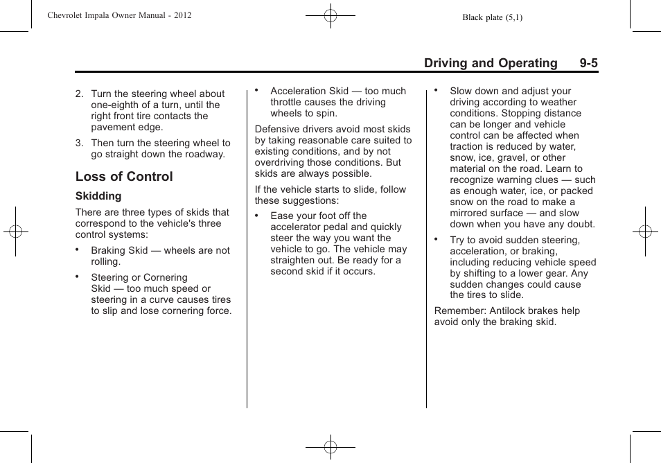 Loss of control, Loss of control -5, Brakes | Driving and operating 9-5 | CHEVROLET 2012 Impala User Manual | Page 189 / 360