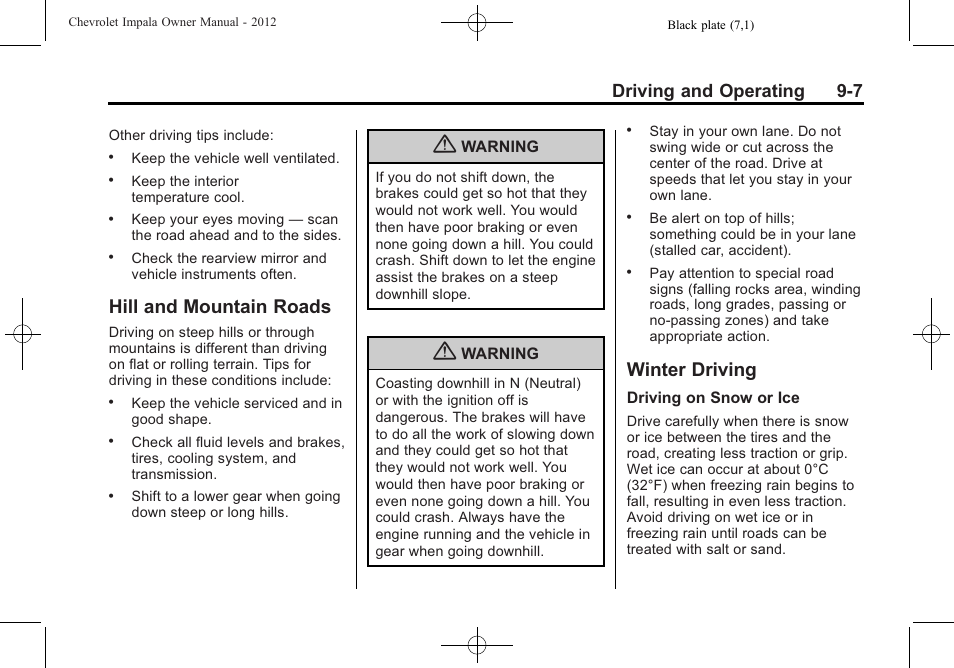 Hill and mountain roads, Winter driving, Hill and mountain roads -7 winter driving -7 | Ride, Driving and operating 9-7 | CHEVROLET 2012 Impala User Manual | Page 191 / 360