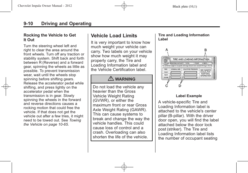 Vehicle load limits, Vehicle load limits -10 | CHEVROLET 2012 Impala User Manual | Page 194 / 360