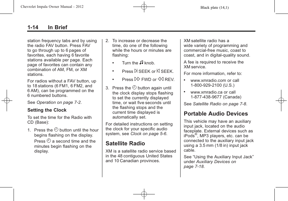 Satellite radio, Portable audio devices, Satellite radio -14 | Audio devices -14, 14 in brief | CHEVROLET 2012 Impala User Manual | Page 20 / 360